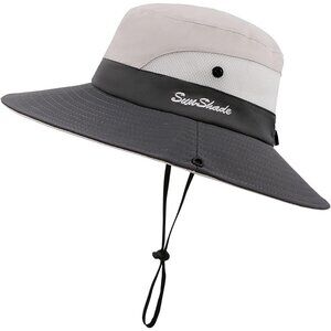 Unisex Beige & Gray Polyester Wide Brim Mesh Vent Chin Strap Classic Cowboy Hat